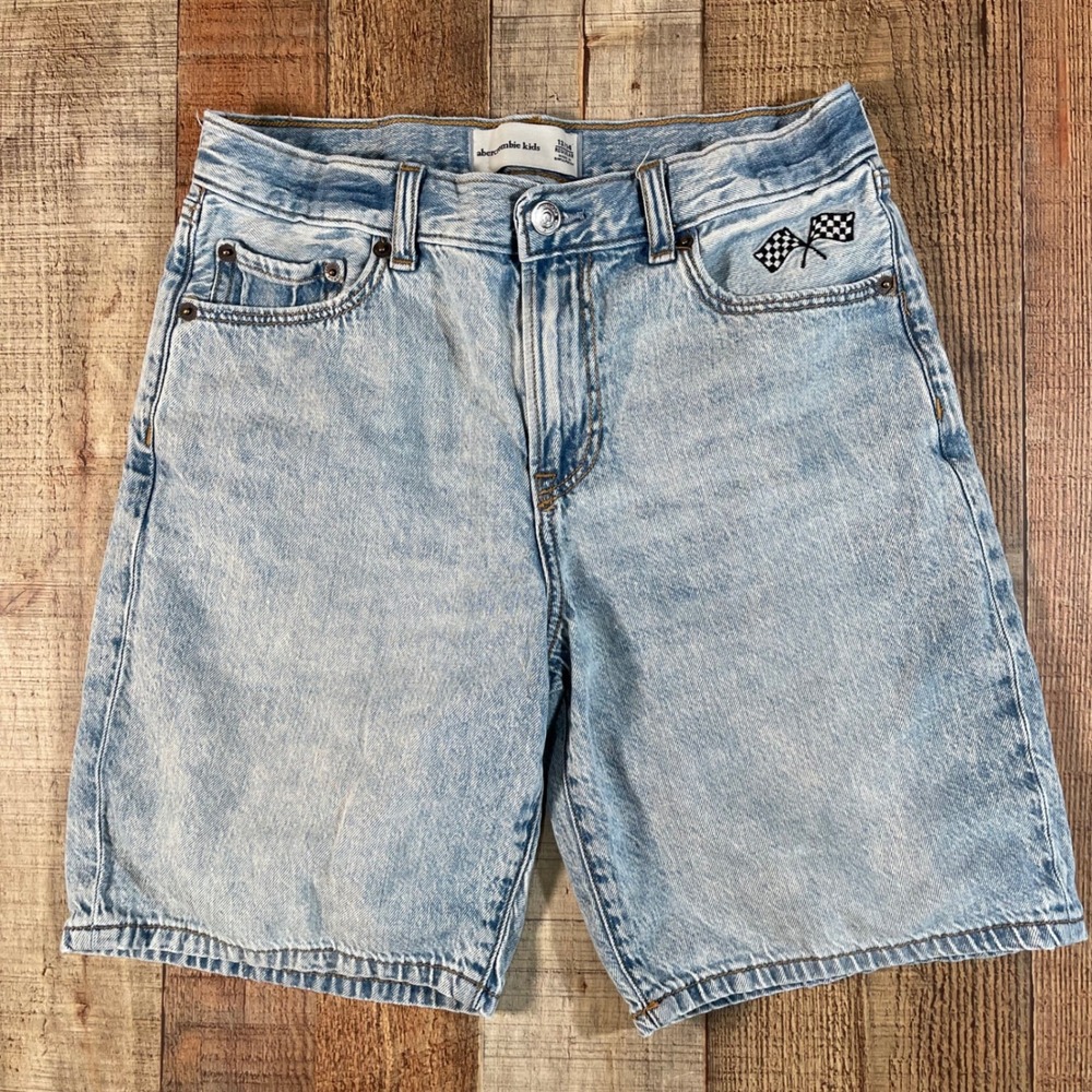 Abercrombie Kids Racing Jorts 13/14 Light Wash Denim Shorts Checkered Flag Y2K